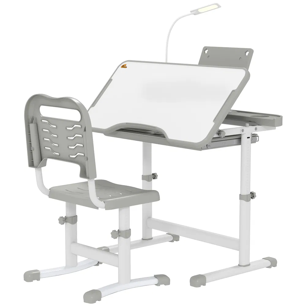 Kids Desk and Chair Set Height Adjustable Student Writing Desk Children School Study Table with Tilt Desktop, Grey photo 2
