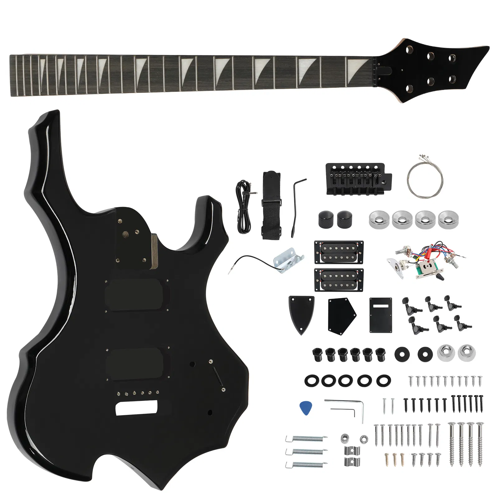 DIY 6 String Flame Shaped Style HSH Electric Guitar Kits with Mahogany Body, Maple Neck and Accessories Black photo 1