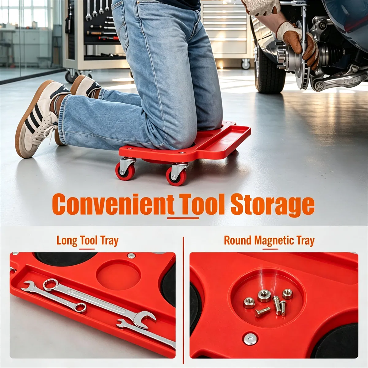 Red Rolling Knee Creeper with EVA Foam Cushioned Pads, 300 LBS Capacity Garage Knee Dolly with Magnetic & Long Tool Tray for Auto Repair Flooring Gardening Work photo 7