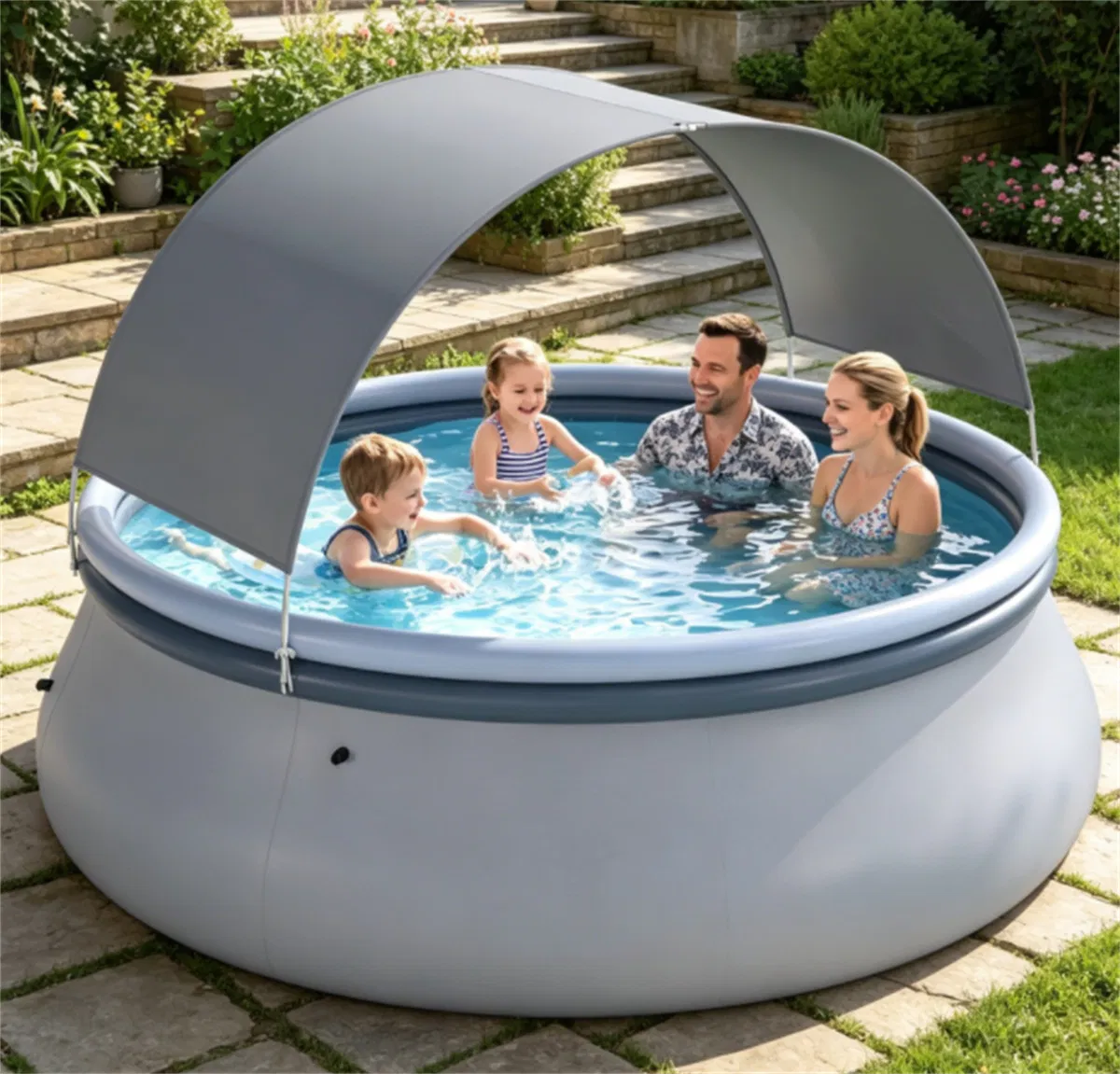 118 x 68 Large Capacity Outdoor Inflatable Pool with Sunshade Tent, TearResistant PVC BlowUp Pool with Repair Kit, 6Person Portable Family Swimming Pool photo 8