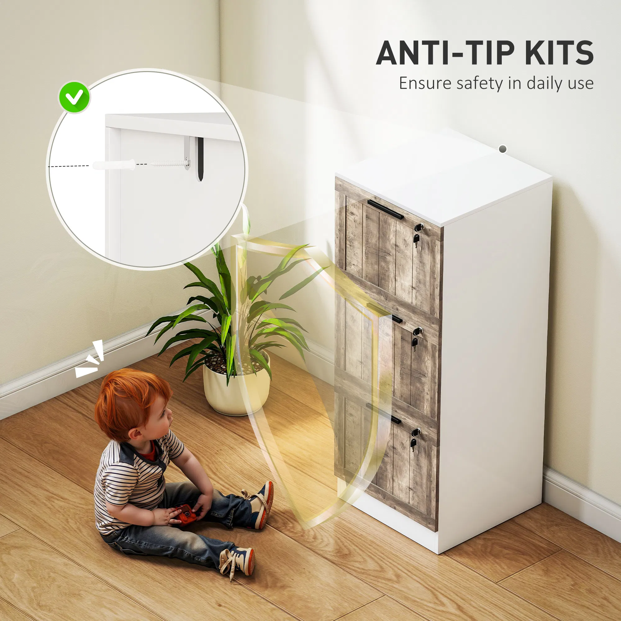3 Drawer Filing Cabinet, Farmhouse File Cabinet with Lock, Adjustable Hanging Rails for A4 Letter Size Files, White photo 5