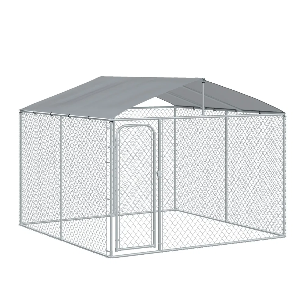 Dog Kennel Outdoor Run Fence with Roof, Steel Lock, Mesh Sidewalls for Backyard & Patio, 9.8' x 9.8' x 7.7' photo 2