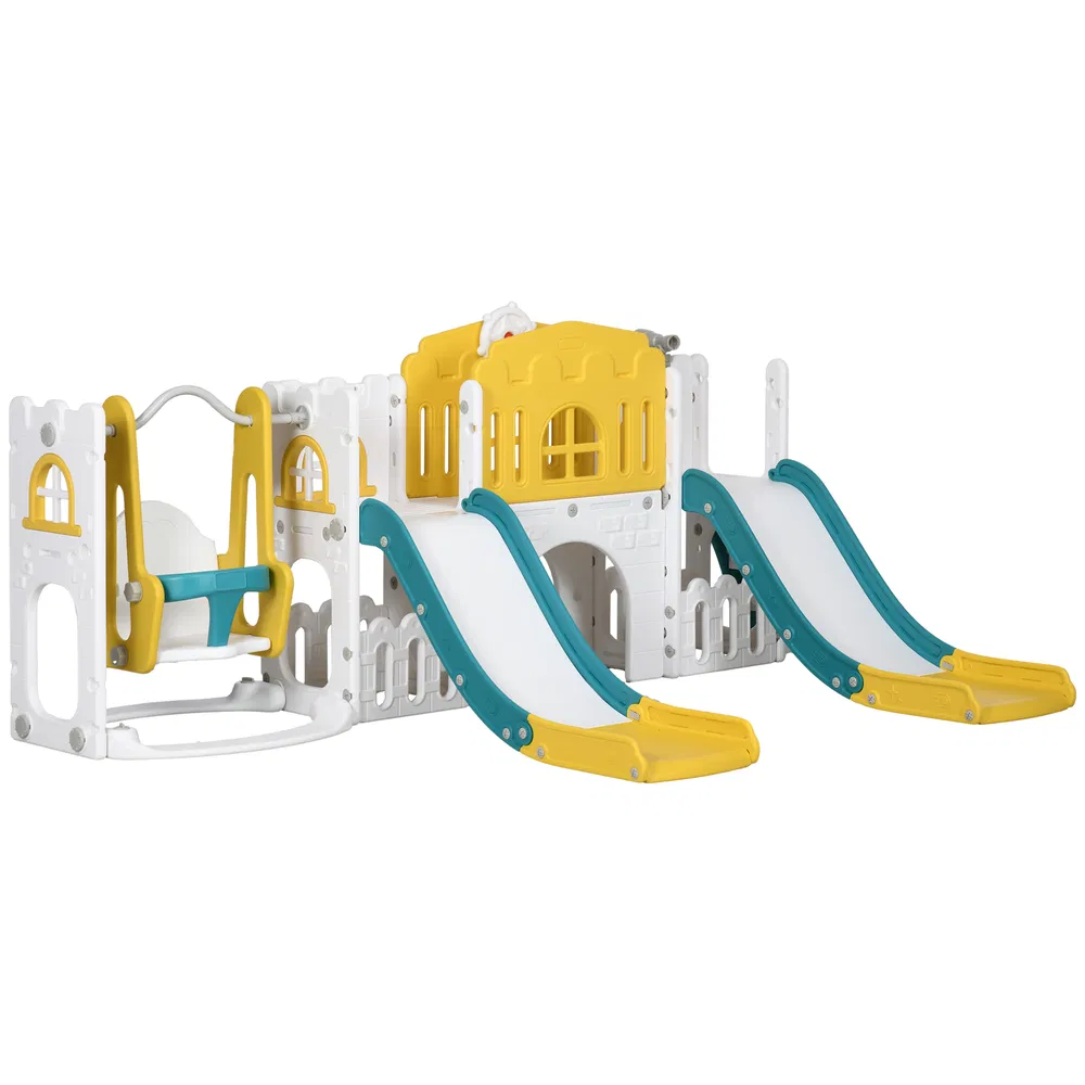 8 in 1 Slide and Swing Set, Baby Swing Set with Basketball Hoop, Climber, Steering Wheel, for Aged 1-3 Years, Yellow photo 2