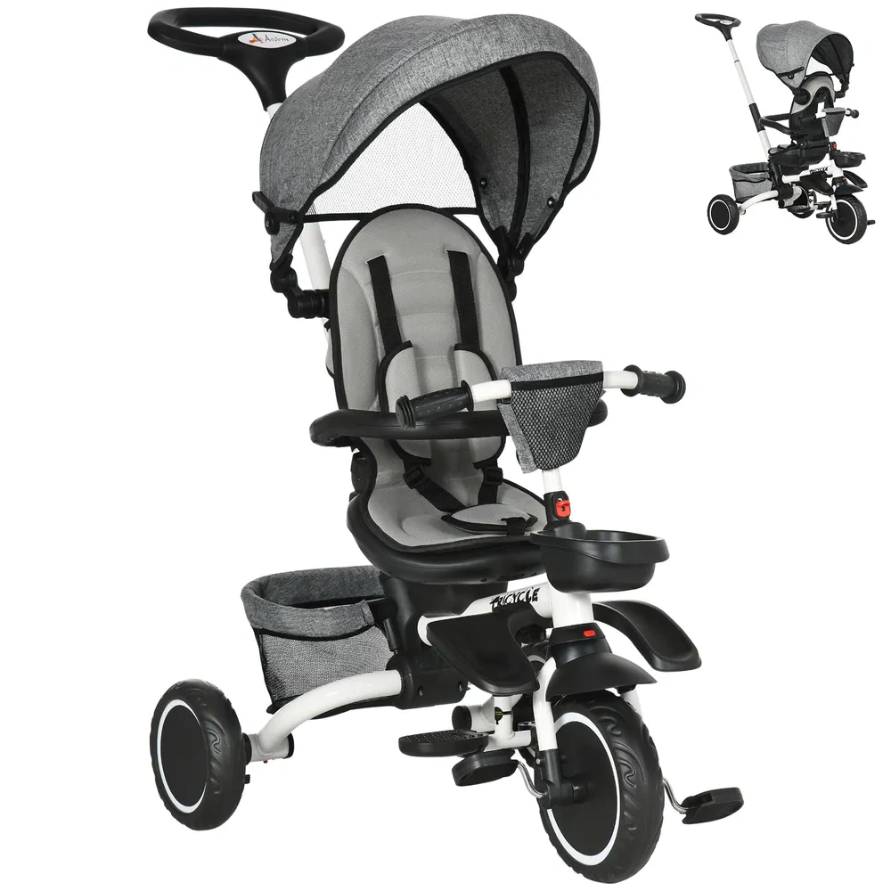 6-in-1 Toddler Tricycle for 12-50 Months, Foldable Kids Trike with Adjustable Seat and Push Handle, Safety Harness, Removable Canopy, Footrest, Grey photo 2