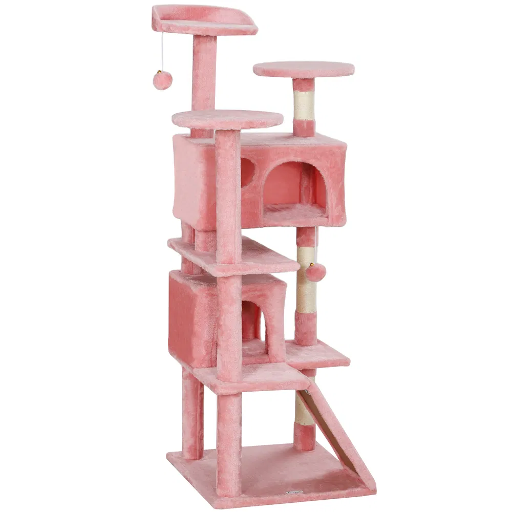 54" Cat Tree, Multi-Level Cat Tower with Scratching Posts, Cat Condos, Bed, Platforms, Ramp, Toy Ball, Pink photo 2