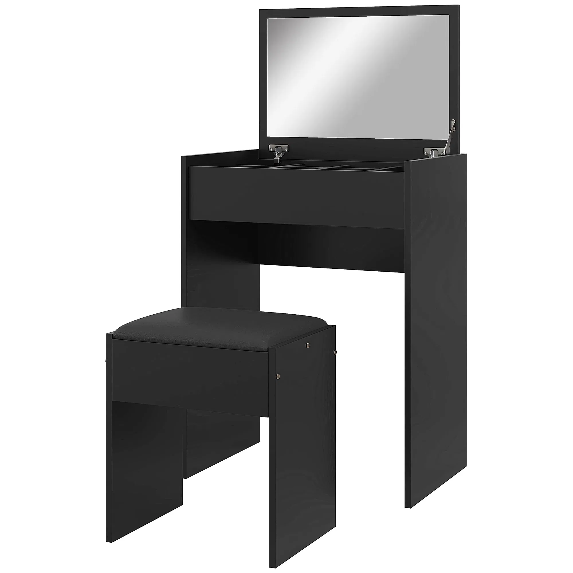 Modern Vanity Set with Makeup Table and Cushioned Stool, Dressing Table with Flip Top and Mirror for Bedroom, Black photo 1