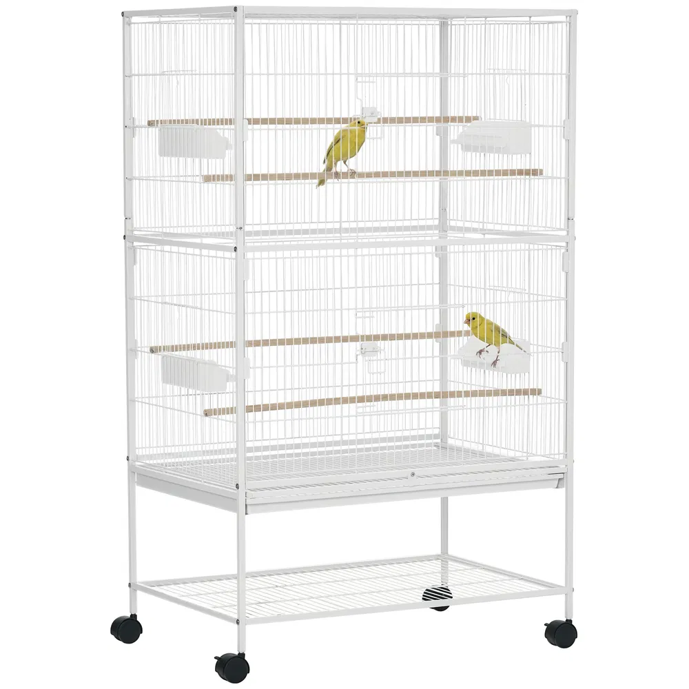 52" Large Rolling Steel Bird Cage Bird House with Rolling Stand, Storage Shelf, Wood Perch, Food Container, White photo 2