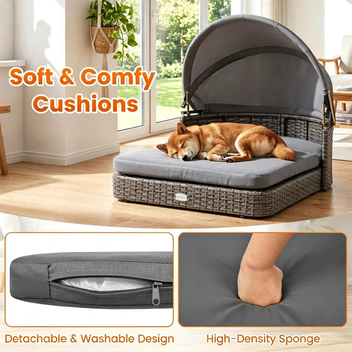 Gray Hand-Woven PE Rattan Dog Bed with Adjustable Canopy, Elevated Outdoor Pet Daybed with Washable Plush Cushion, Anti-Slip Breathable Pet Shelter for Indoor Patio Garden photo 3