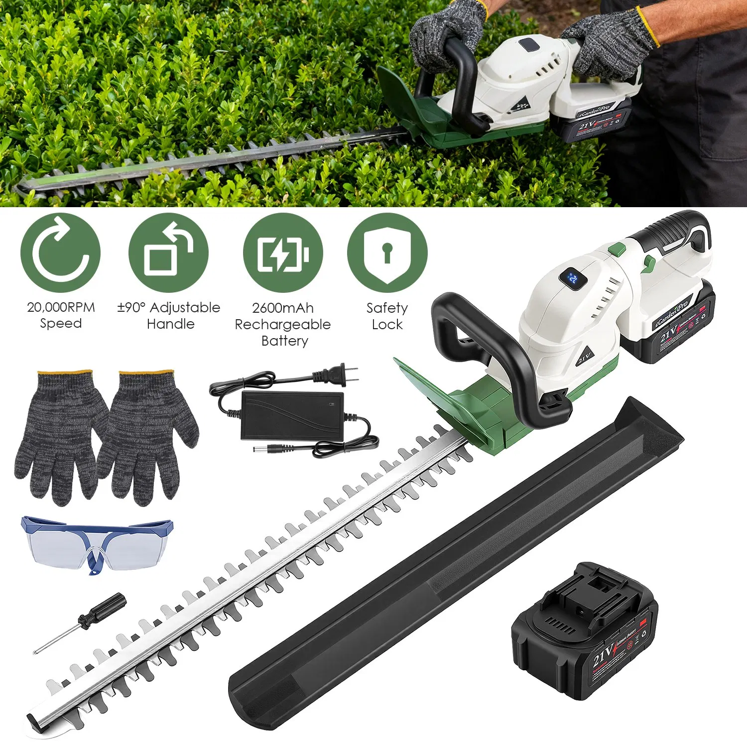 Professional Cordless Hedge Trimmer, ±90° Adjustable Handle & 0.6 Inch Cutting Capacity, 2600mAh Rechargeable Trimmer for Bushes Shrubs Trimming photo 5