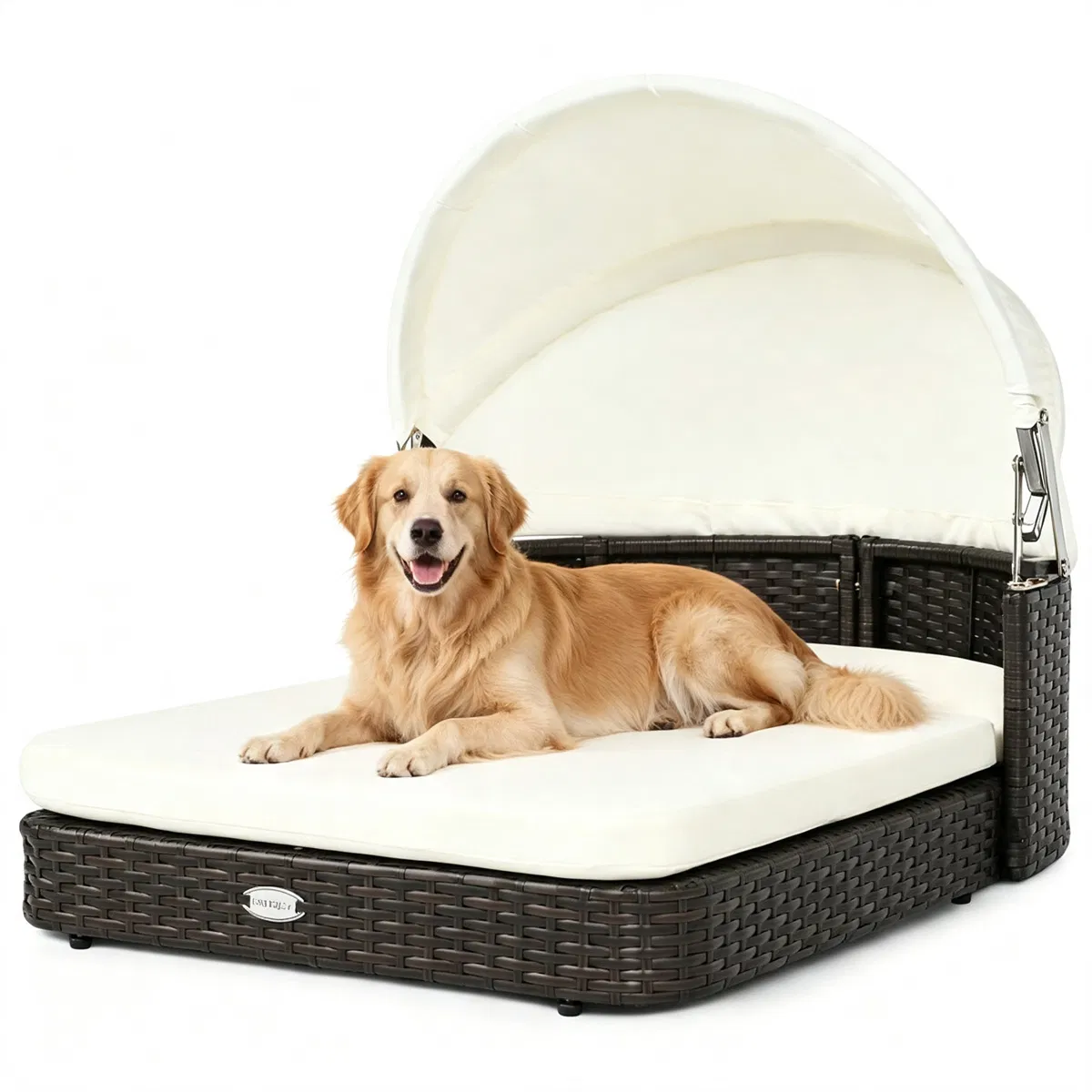 Hand-Woven PE Rattan Dog Bed with Adjustable Canopy, Elevated Outdoor Pet Daybed with Washable Plush Cushion, Anti-Slip Breathable Pet Shelter for Indoor Patio Garden-White photo 1