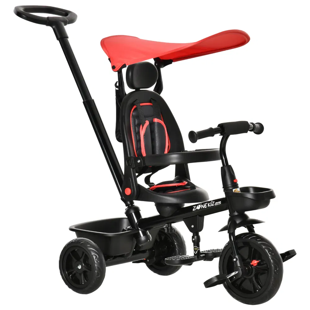 Kids Tricycle 4 In 1 Trike with Reversible Angle Adjustable Seat Removable Handle Canopy Handrail Belt Storage Footrest Brake Clutch for 1-5 Years Old Red photo 2