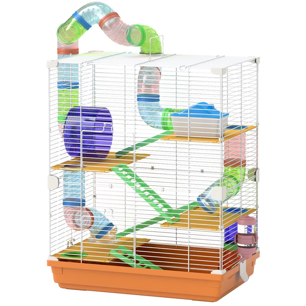 5 Tiers Hamster Cage Portable with Exercise Wheels Play Tube Water Bottle Dishes House Ladder for Gerbils, Orange photo 7