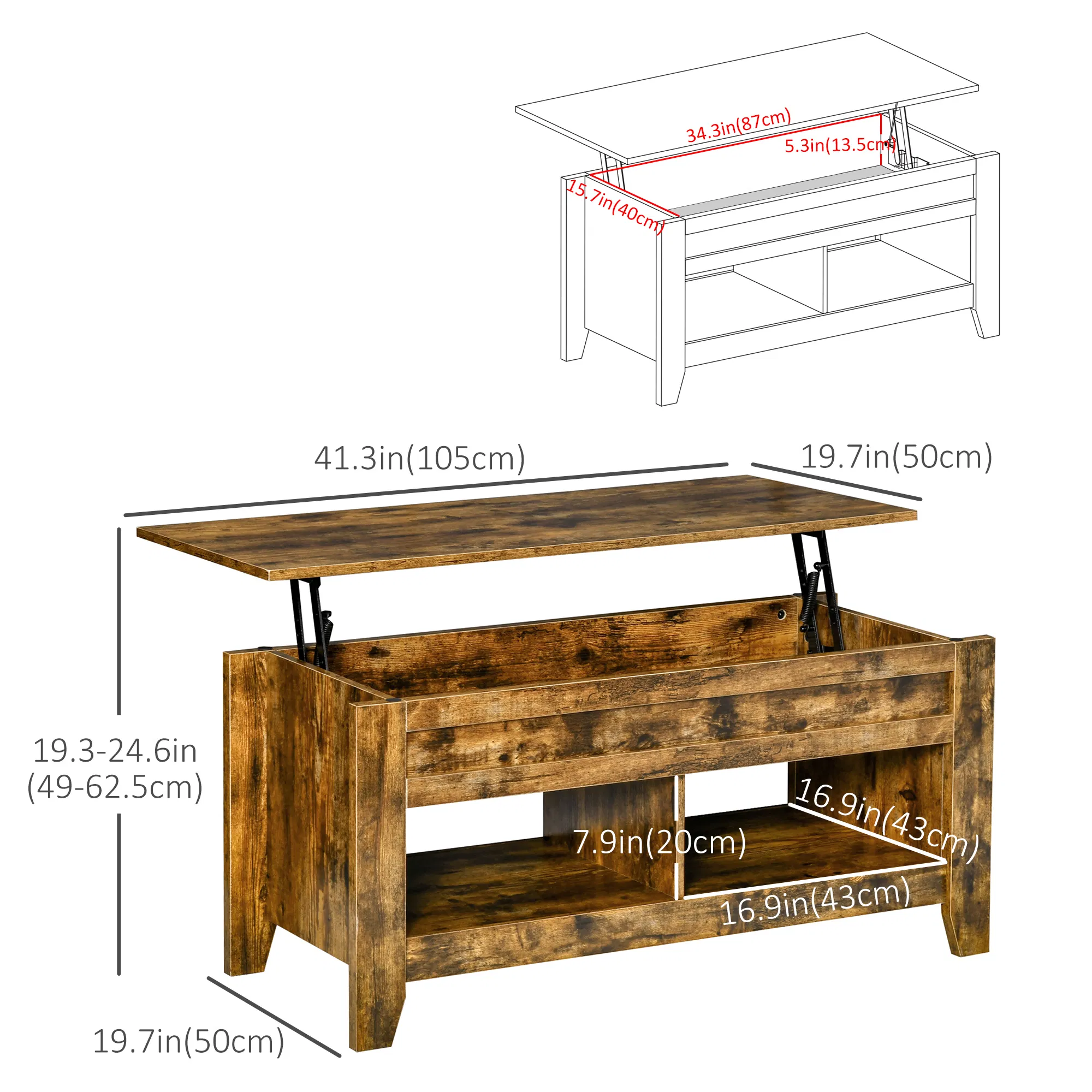 Lift Top Coffee Table with Hidden Storage Compartment and Open Shelves, Lift Tabletop Pop-Up Center Table for Living Room, Brown photo 2