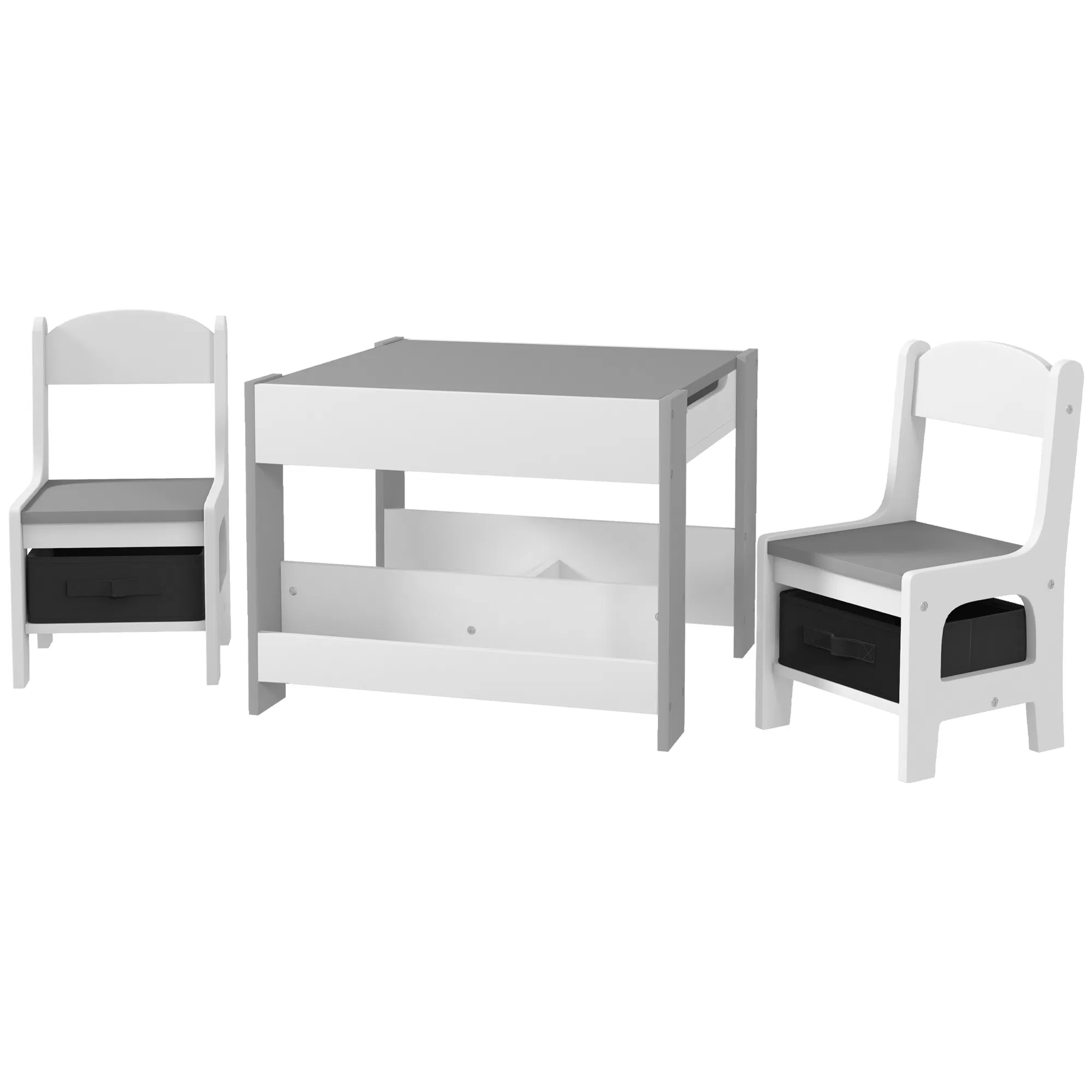 3 Piece Kids Table and Chair Set with Reversible Tabletop, Blackboard, Storage, Bookshelf, for Playroom, Nursery, Grey photo 1