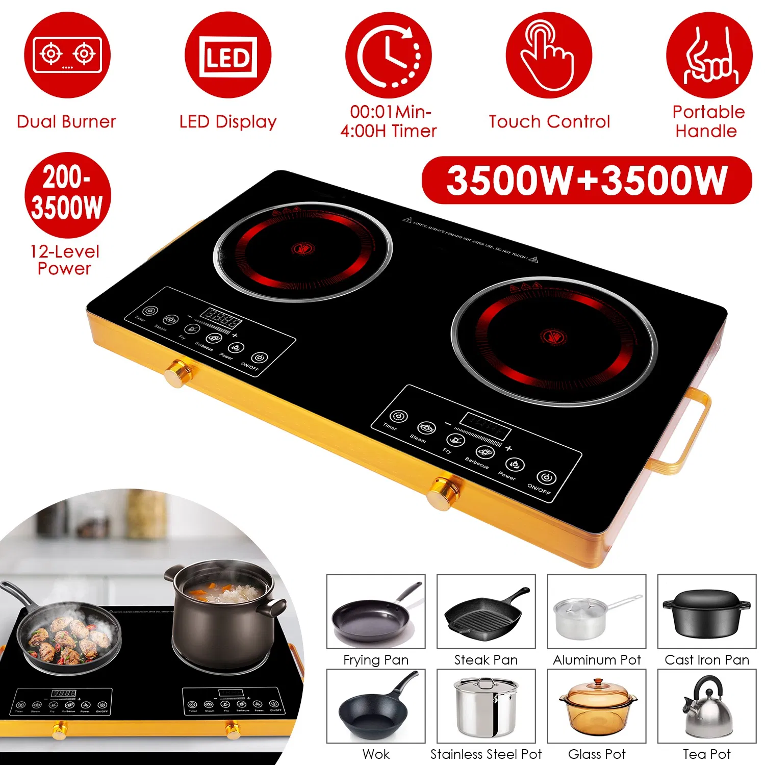 Portable Electric Double Burner 7000W, 110V Countertop Hot Plates with Smooth Heat-Resistant Glass Surface (Easy to Clean), 4 Preset Cooking Modes, 0-4H Timer for Camper/Studio/Office photo 1