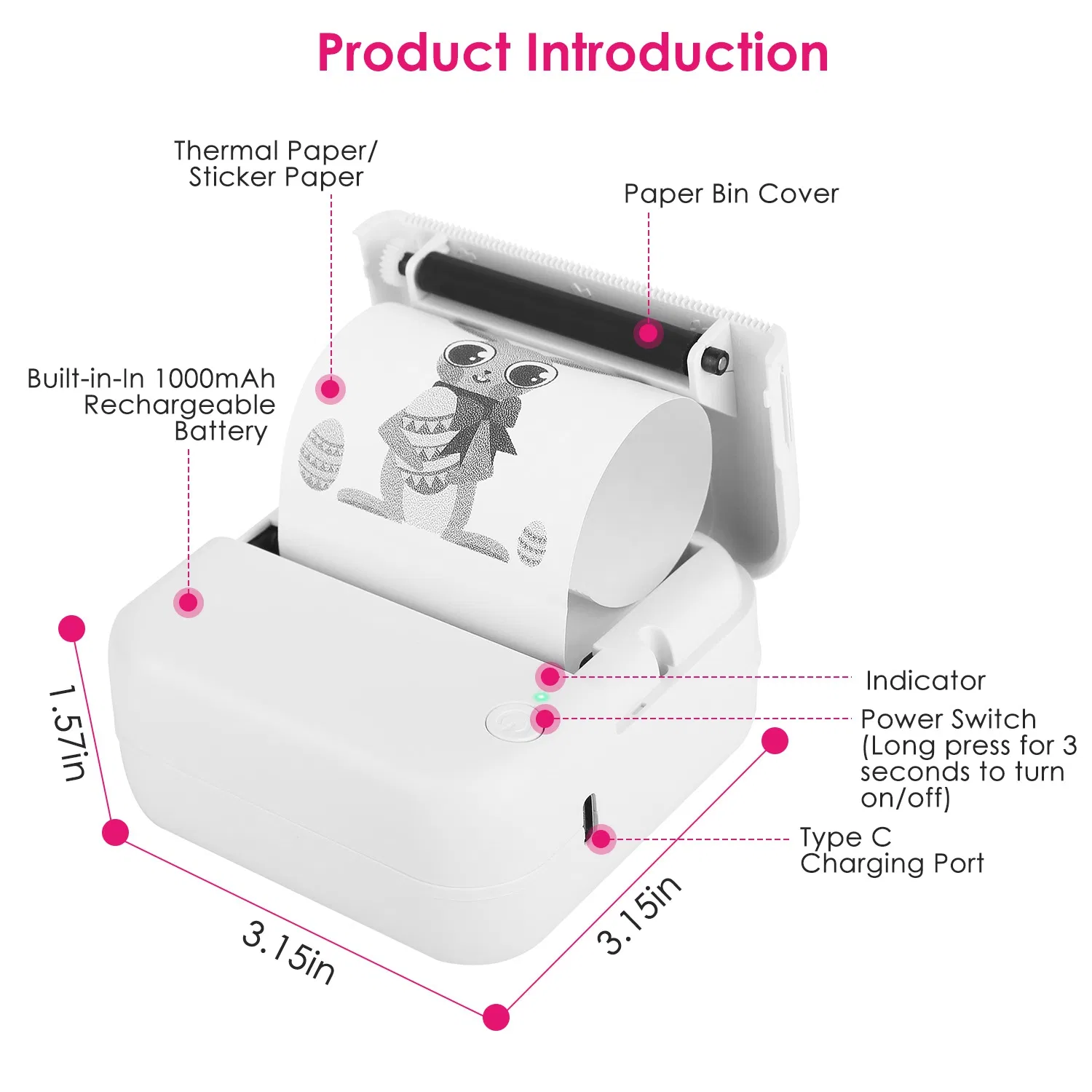 Portable Pocket Thermal Printer, Bluetooth Mini Ink-less Printer, Built-in 1000mAh Battery, Includes 2 Rolls Printing Paper, Compatible with iOS & Android for Label List Memo Picture Printing photo 7