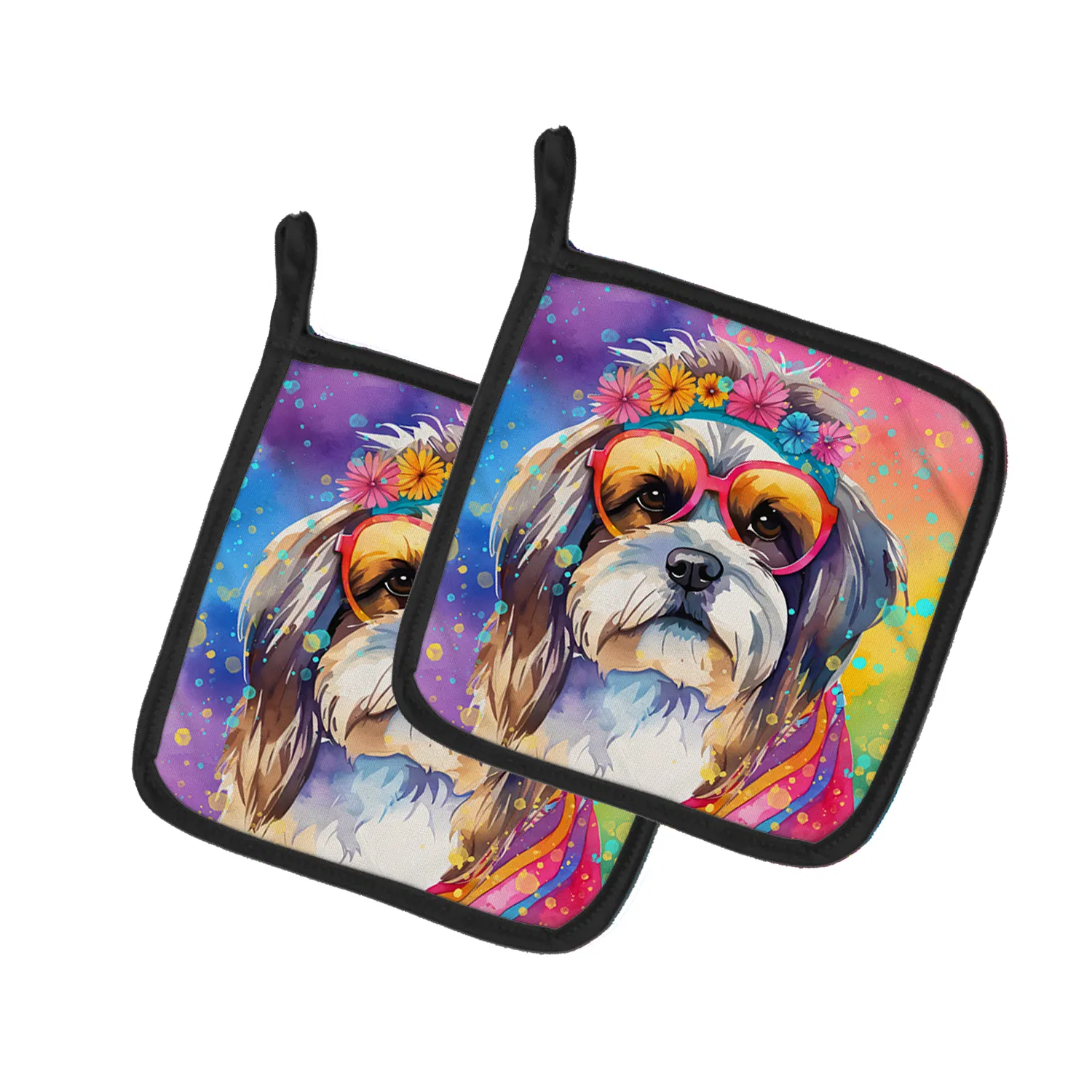 Shih Tzu Hippie Dawg Pair of Pot Holders Kitchen Heat Resistant Pot Holders Sets Oven Hot Pads for Cooking Baking BBQ, 7 1/2 x 7 1/2 photo 1