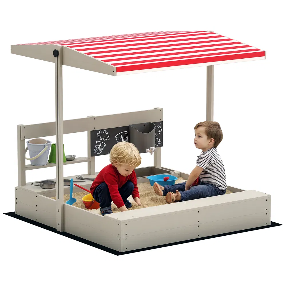 Kids Sandbox with Cover Kitchen Playset Toys, Wooden Sand Box with Seat, Storage, for 3-7 Years Old, Grey photo 2