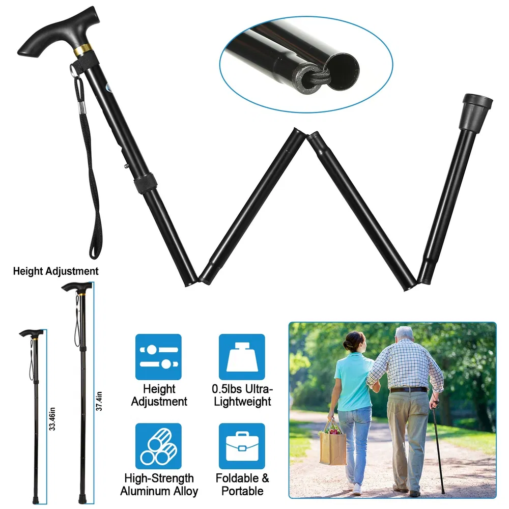 Travel Folding Trekking Hiking Pole,Collapsible Cane Adjustable Walking Stick Portable Mobility Aid for Women Men Hikers Gift,Black photo 2
