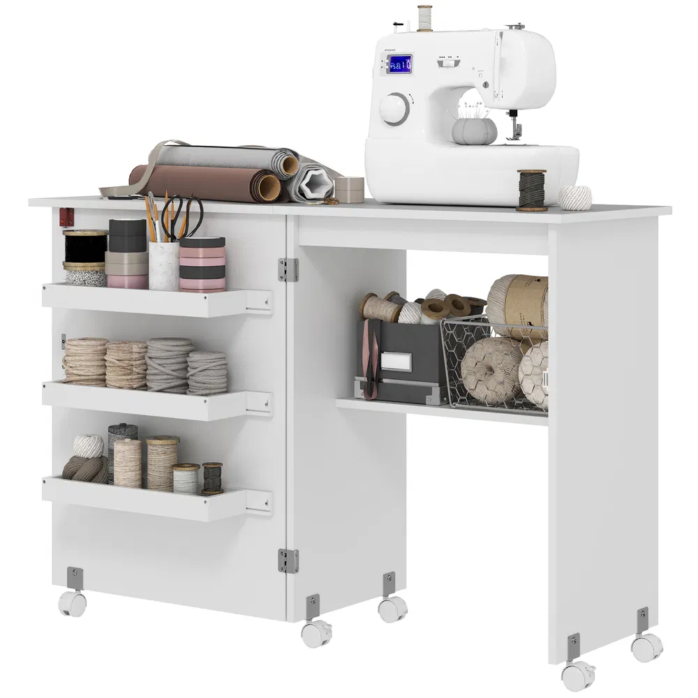 Sewing Machine Cabinet, Folding Sewing Table with Storage Shelf, Bins and Lockable Wheels for Small Space, White photo 7
