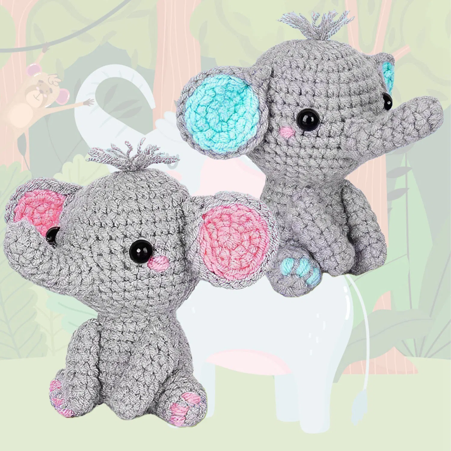 2 Lovely Elephants Crochet Kit Crochet Kit for Beginners DIY Knitting Supplies for Kids Adults 2 Types of Elephants photo 1