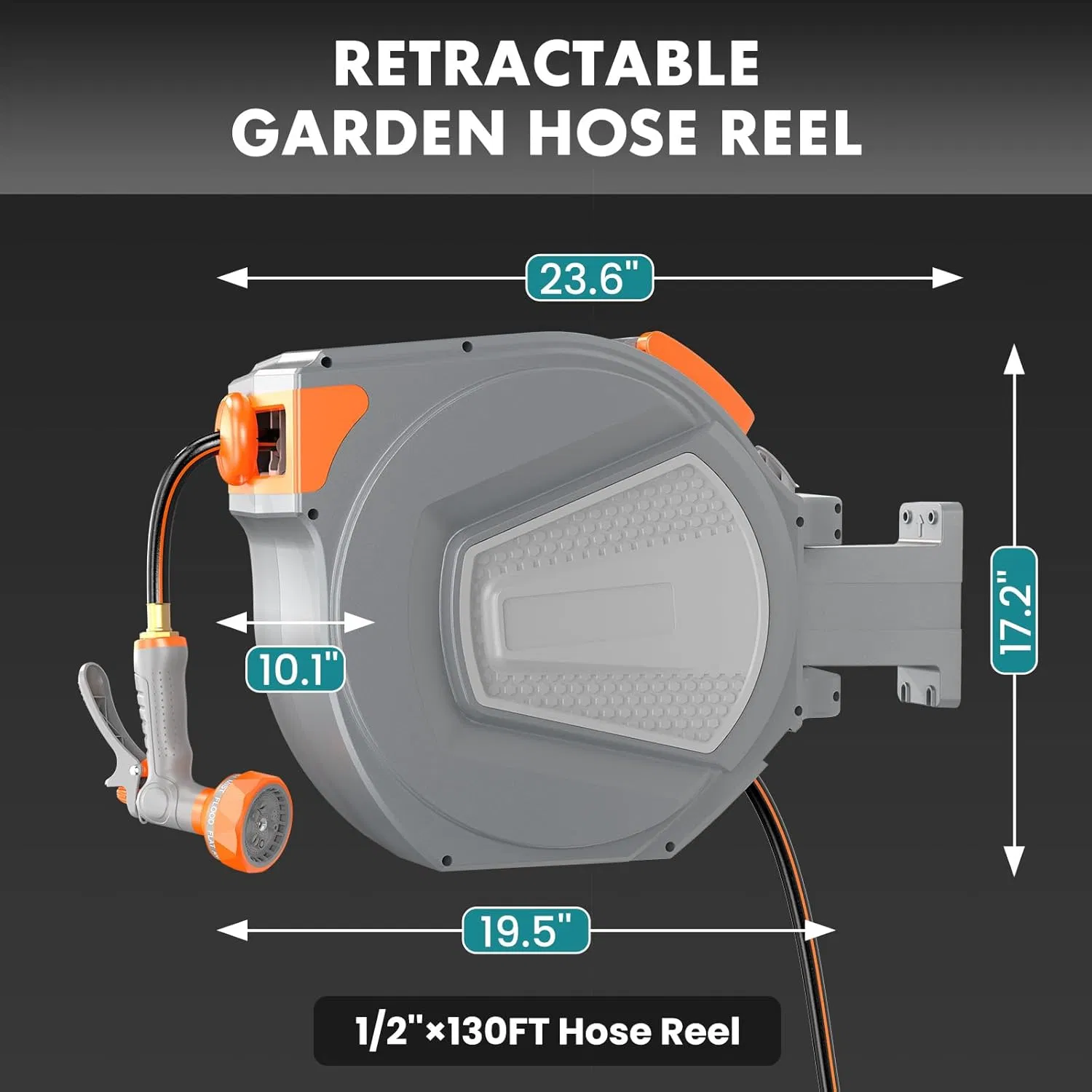 Auto Rewind Retractable Hose Reel, Wall Mounted with 180° Swivel, Multi-Function Spray Nozzle for Outdoor Watering photo 2