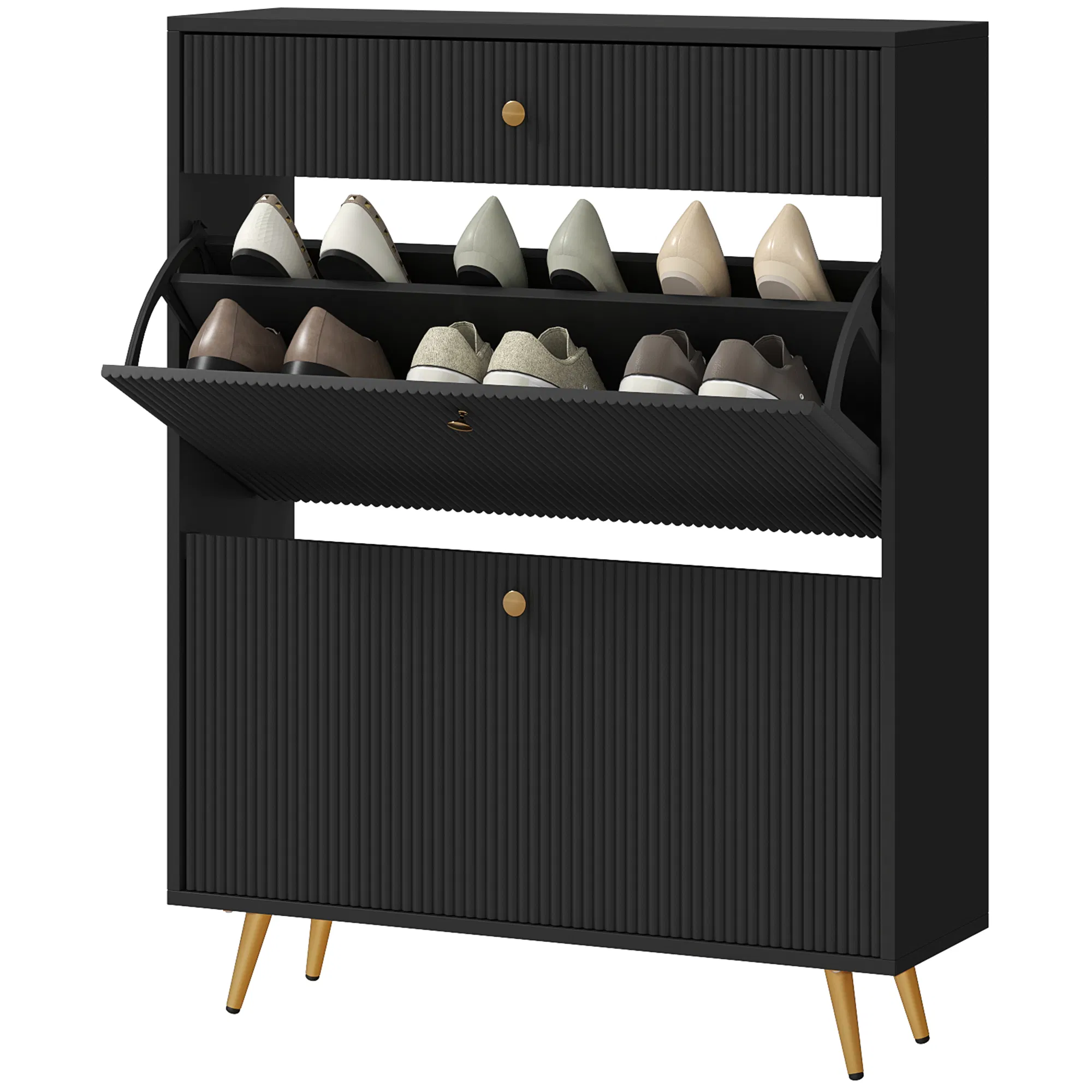 Narrow Shoe Storage Cabinet with Wave-like Panels and Adjustable Shelves for 12 Pairs of Shoes, Black photo 1
