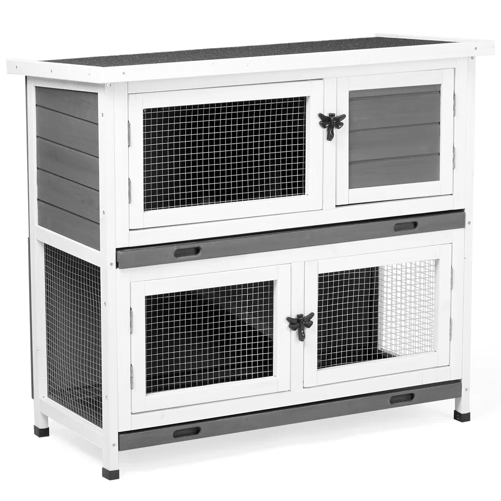 2 Story Solid Wood Rabbit Hutch Bunny Cage with 2 Large Main Rooms, Indoor Outdoor Rabbit House Guinea Pig Cage Pet House for Small Animals with 2 Removable Trays, Grey photo 2