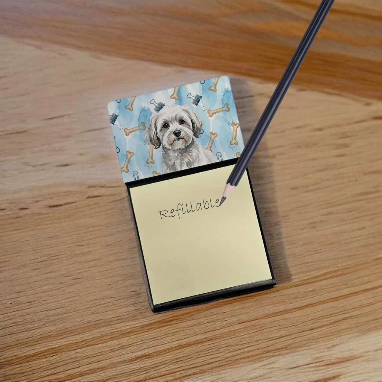 White with Gray Coton de Tulear Coworker Watercolor Sticky Note Holder Refillable Dispenser Desk Accessory 3x3 Pad Gift photo 7