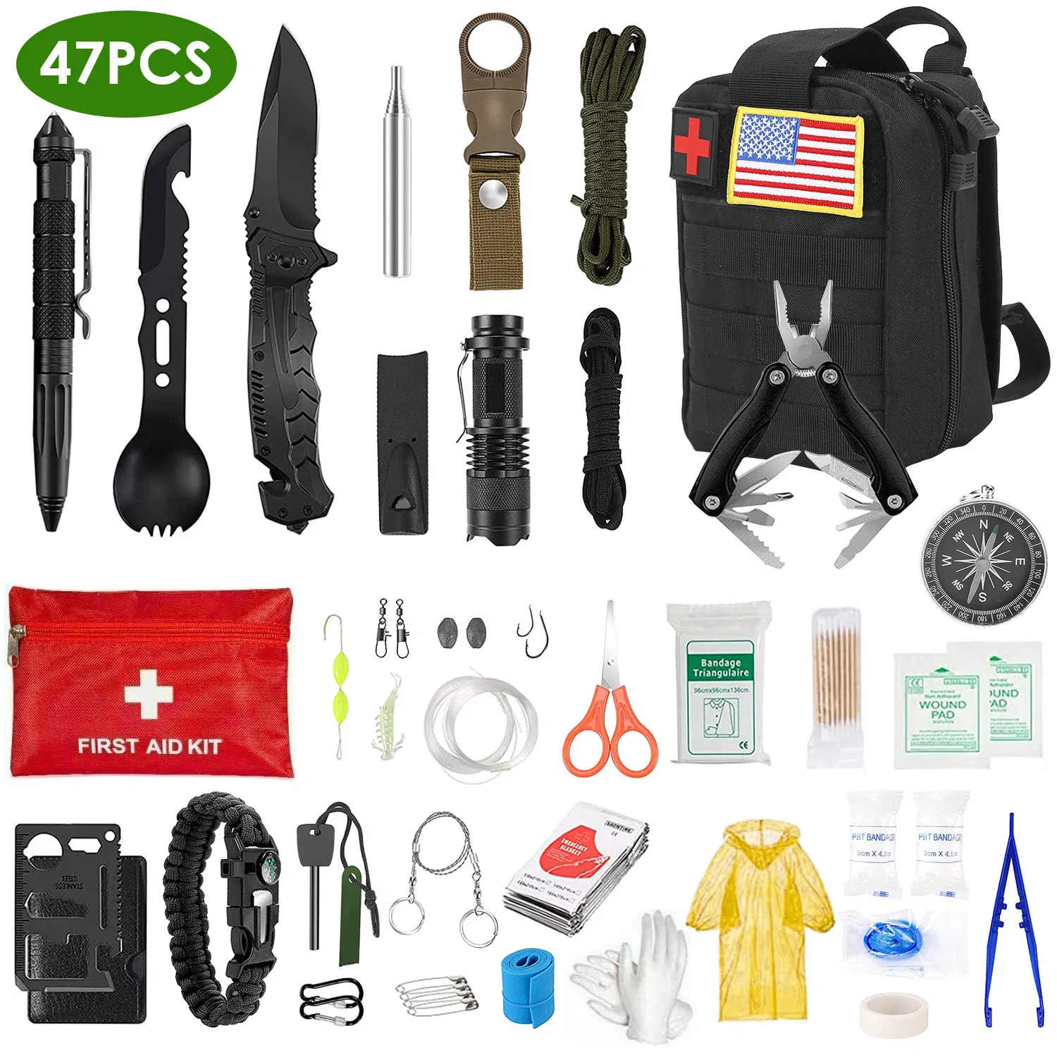 47Pcs Emergency Survival Kit Survival EDC Gear Equipment Tool First Aid Supplies Kit Tools with Pouch for Hiking Hunting Disaster Camping Adventure photo 1