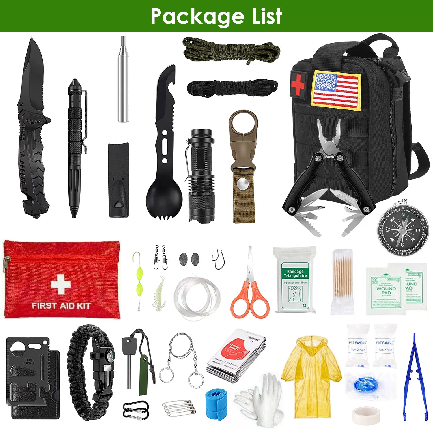 47Pcs Emergency Survival Kit Survival EDC Gear Equipment Tool First Aid Supplies Kit Tools with Pouch for Hiking Hunting Disaster Camping Adventure photo 8