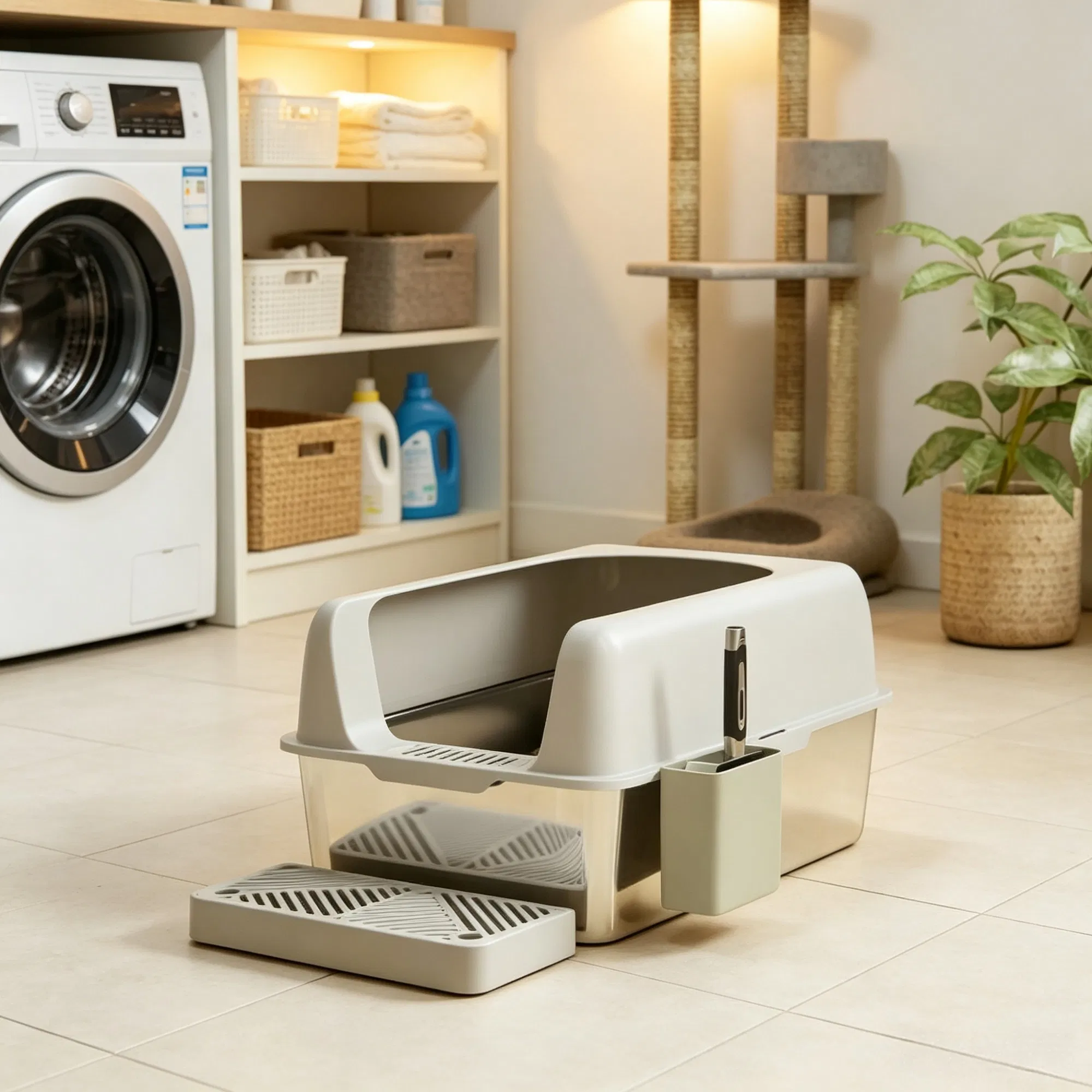 Light Gray 2 Pack High Sided Stainless Steel Litter Box Anti-Urine Leakage for Multi-Cat Households photo 2