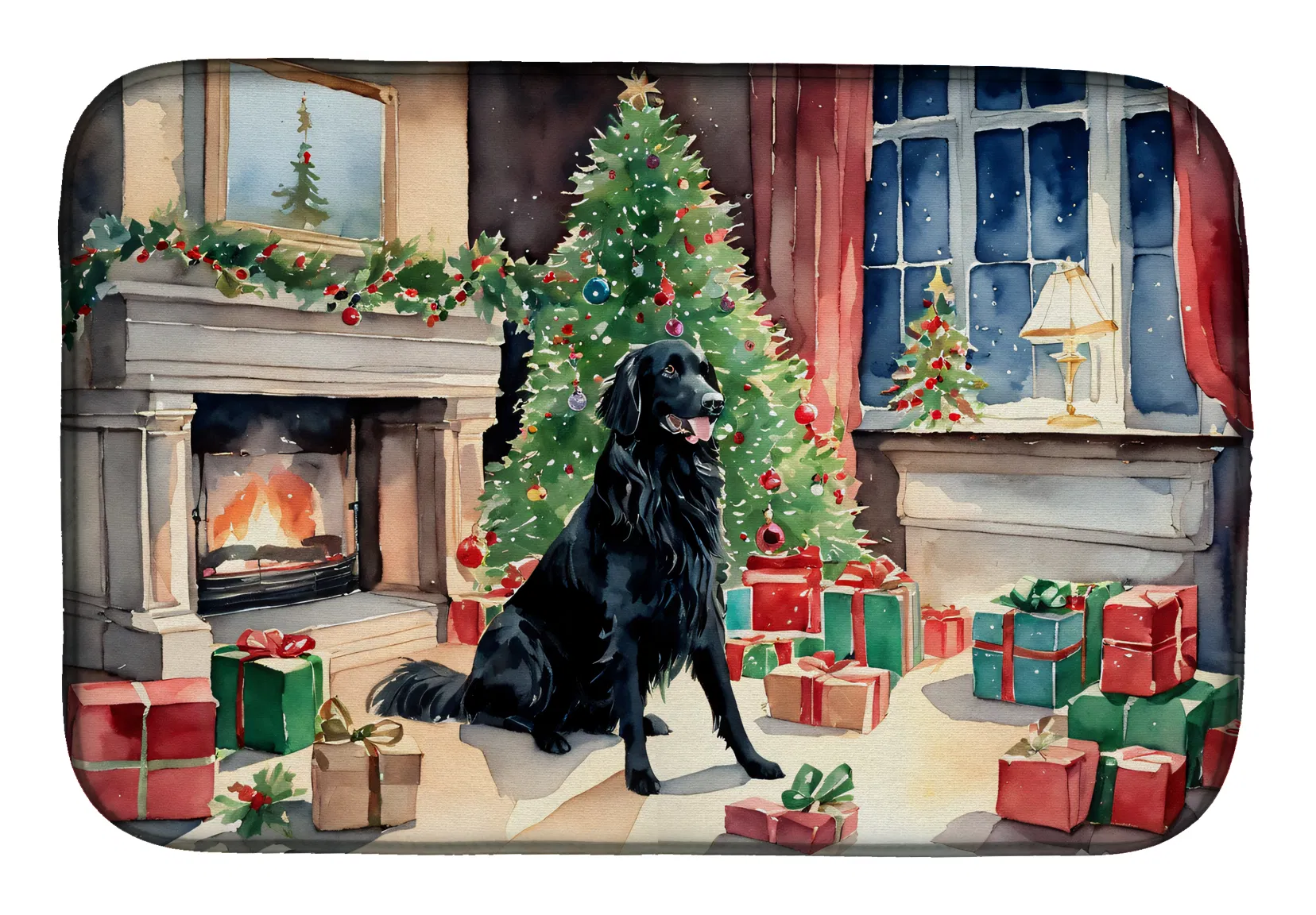 Flat-Coated Retriever Cozy Christmas Dish Drying Mat Absorbent Dish Drying Mat Pad for Kitchen Counter Dish Drainer Mat for Countertop, 14 x 21", Multicolor photo 1