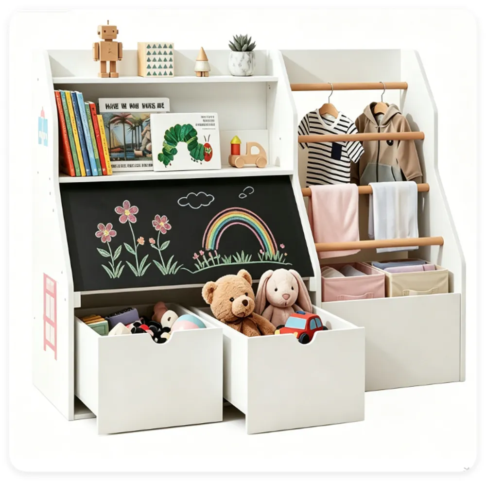Kids Toy Storage Organizer with Flip Chalkboard, Rolling Drawers & Hanging Rods, Rounded Edge Toddler Bookshelf Engineered Wood Playroom Cabinet for Children 3+ Years Old photo 2