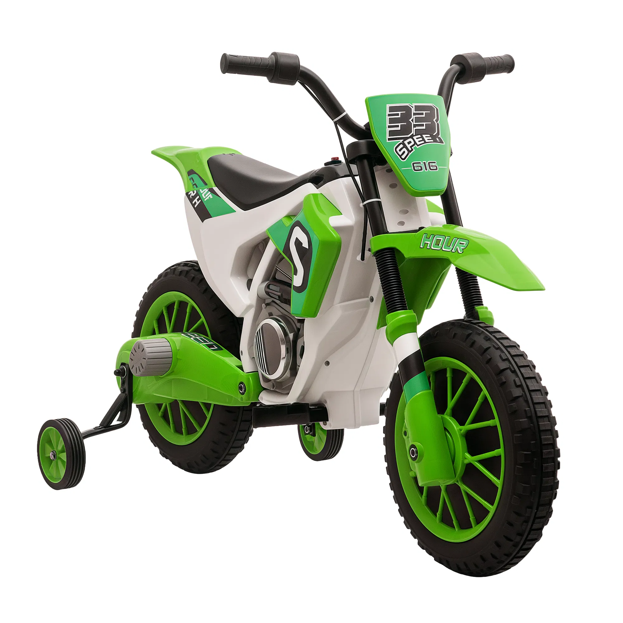 Kids Dirt Bike Battery-Powered Ride-On Electric Motorcycle with Charging 12V Battery, Training Wheels Green photo 1