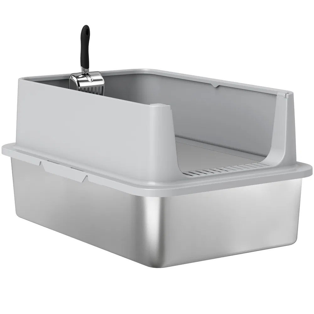 XL Stainless Steel Cat Litter Box for Big and Multiple Cats with High Wall Side, Scoop, Easy Cleaning & Odor Free photo 2