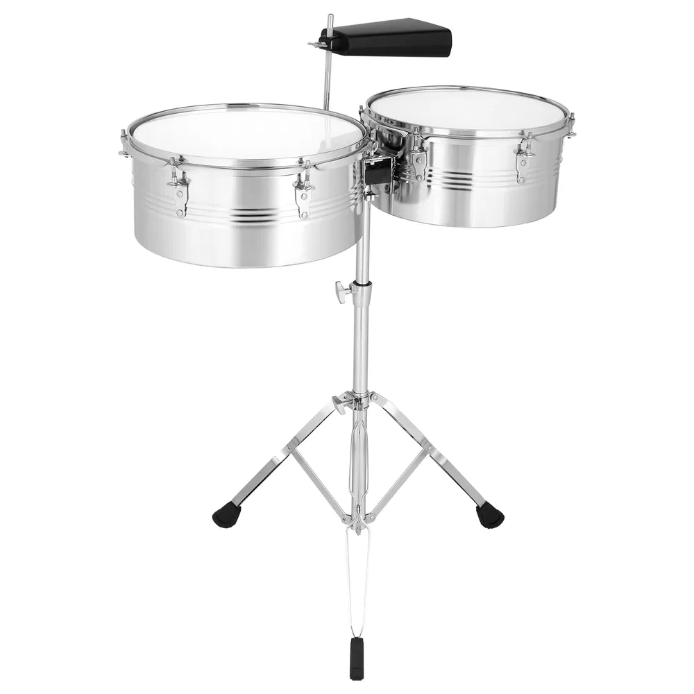 Percussion 13" & 14" Timbales Drum Set with Stand and Cowbell Silver photo 2