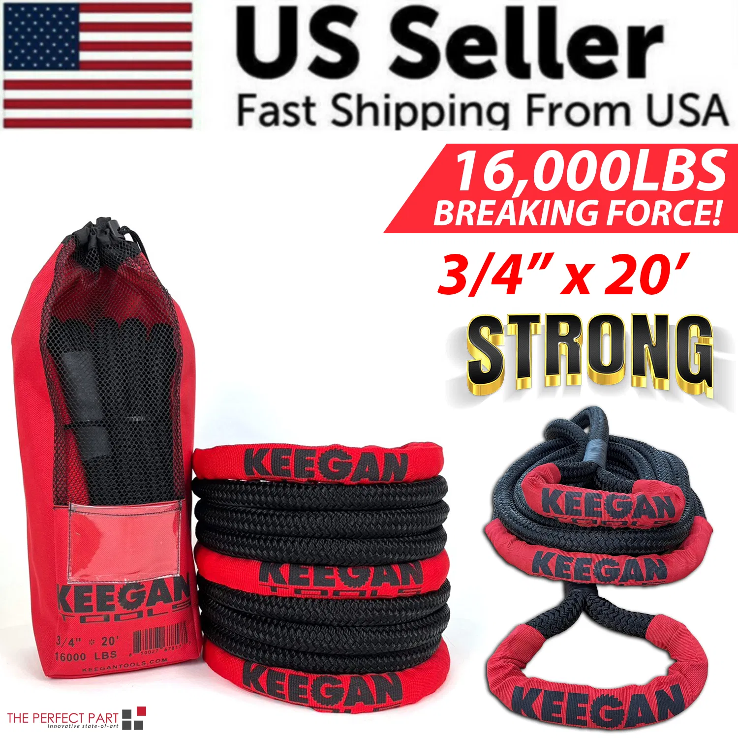 KEEGAN TOOLS 1.25"x30' Kinetic Energy Recovery Rope 46000 lbs Tow Rope Carry Bag photo 1