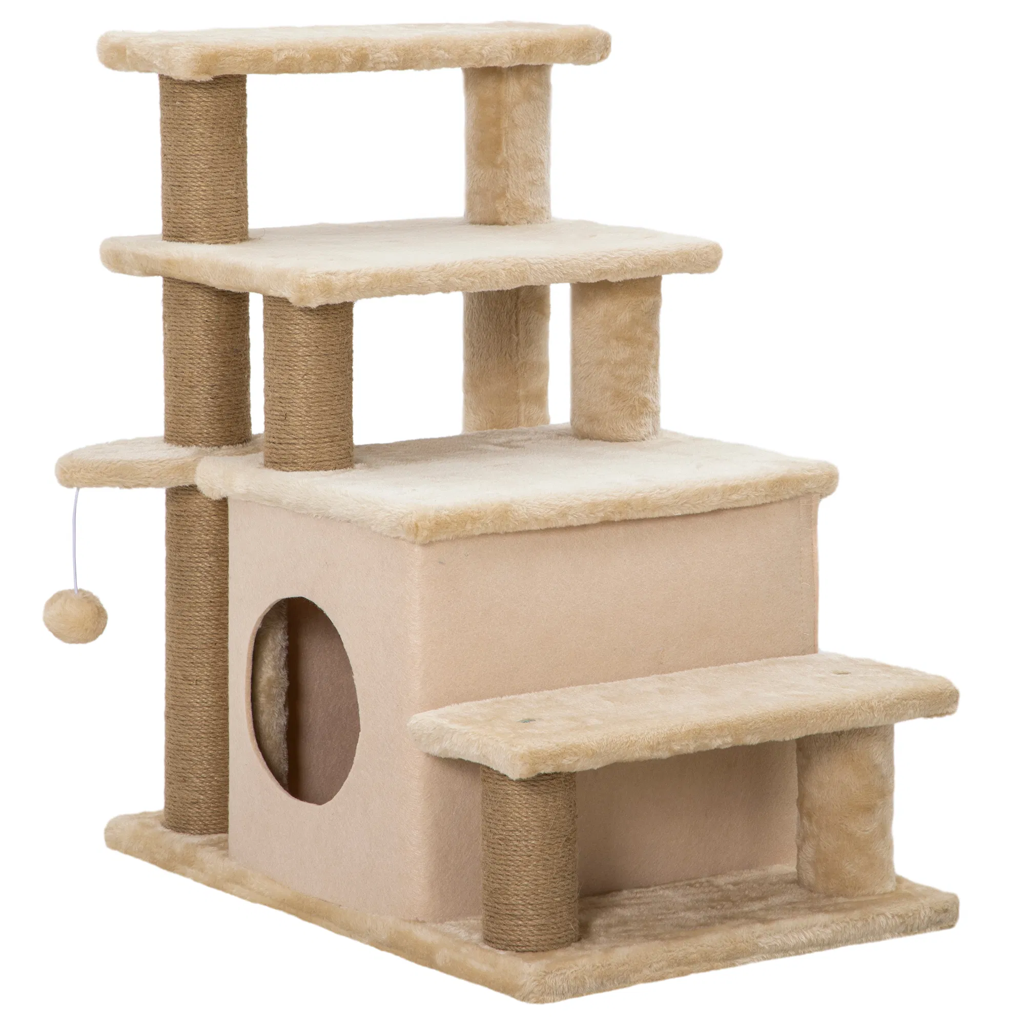 Cat Stairs Pet Steps for Couch Bed with Scratching Posts Condo Ball Toy, 23.6" x 15.7" x 26", Beige photo 1