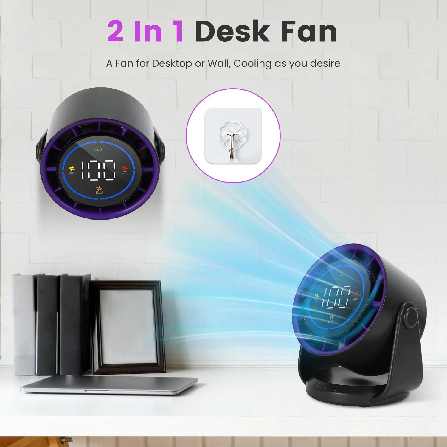 Multi-Speed Personal Desk Fan 100 Adjustable Airflow Levels LCD Control Panel, 120° Manual Tilt Stand & Wall Mount Support USB Rechargeable Portable Fan photo 8