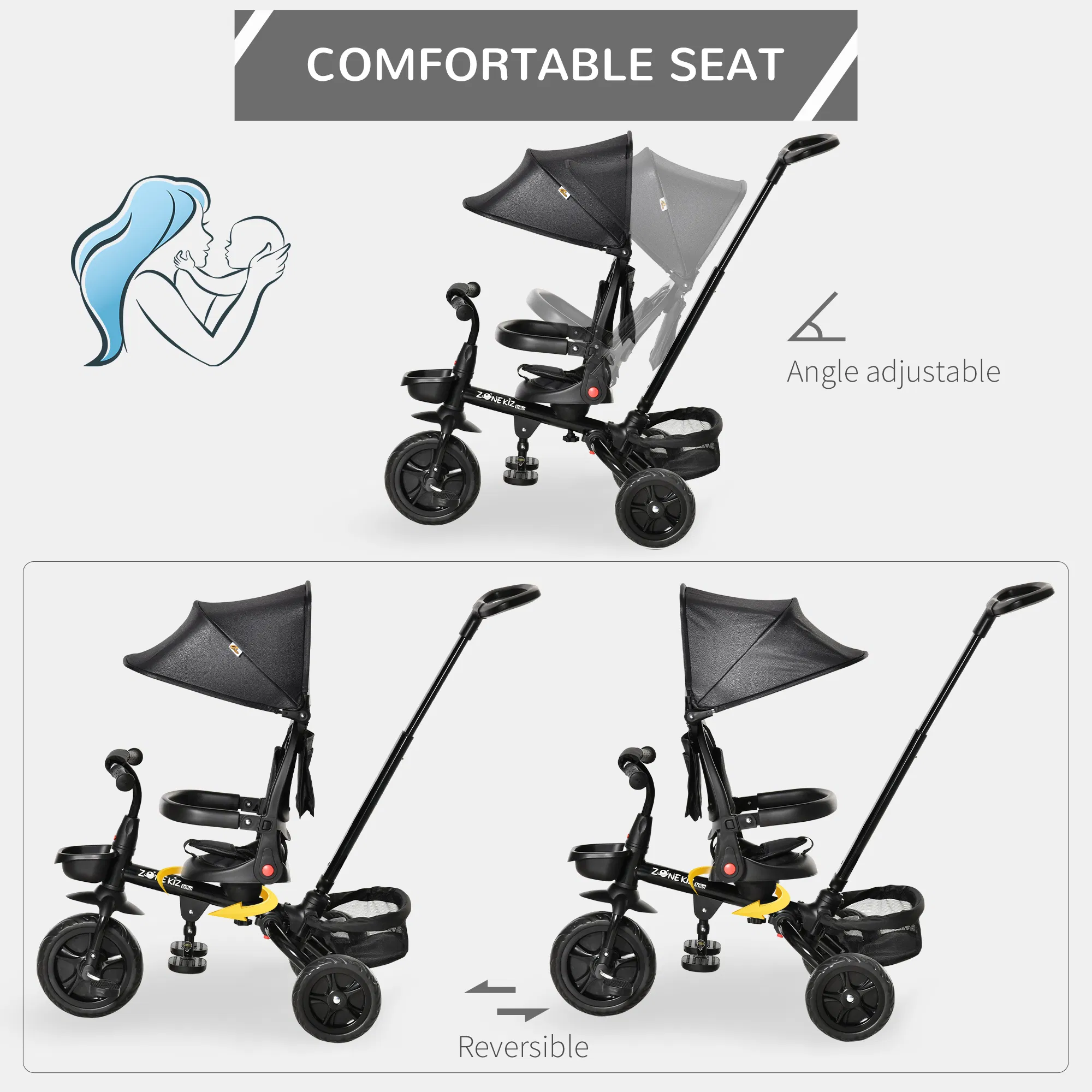 Tricycle for Toddler 4 in 1 Kids Trike with Reversible Adjustable Seat, Baby Push Bike with Removable Handle, Canopy, Belt Storage Brake Clutch for 1-5 Years, Black photo 4