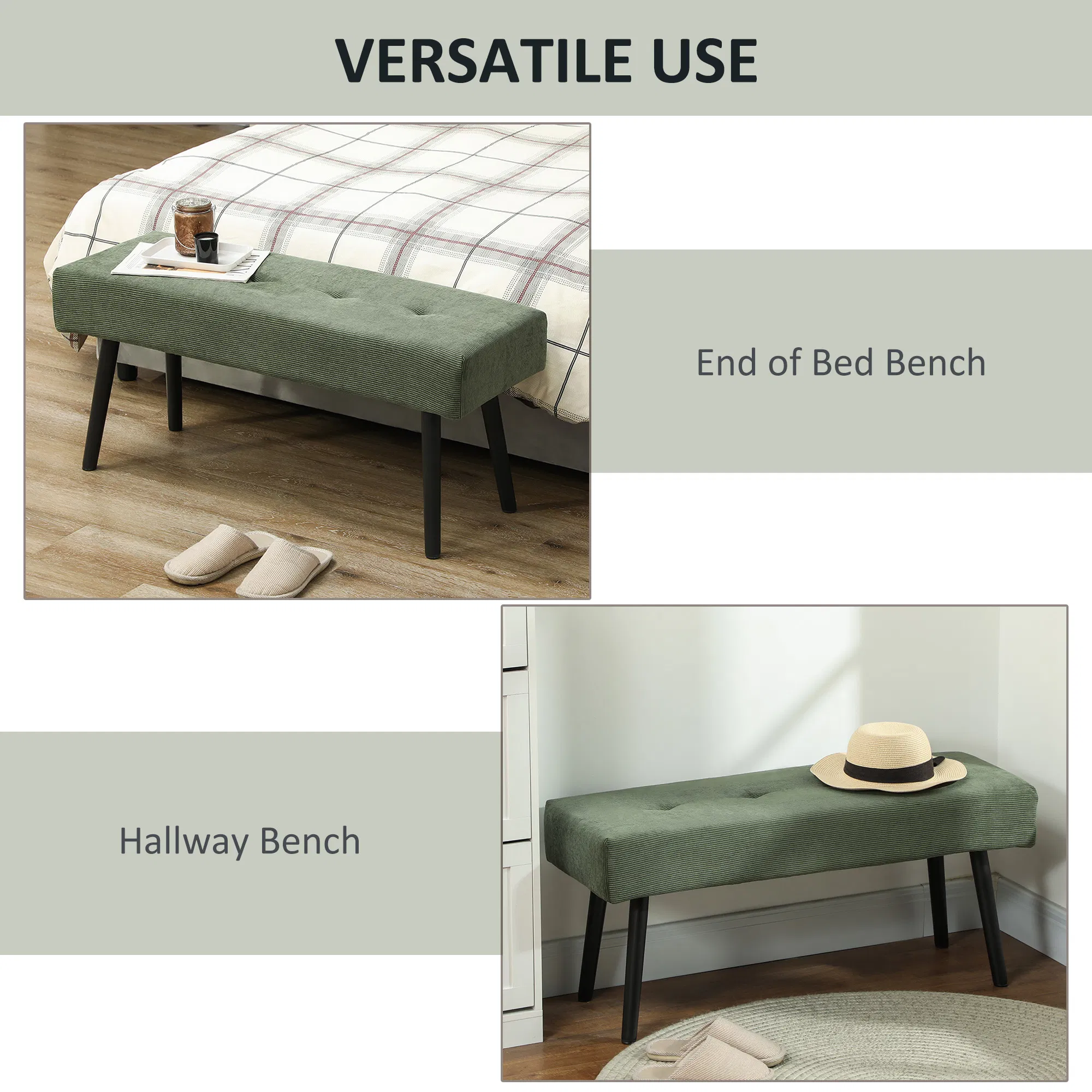 39" Upholstered Ottoman Bench, Corduroy Entryway Bedroom Bench with Padded Seat and Steel Legs for Bedroom, Green photo 3