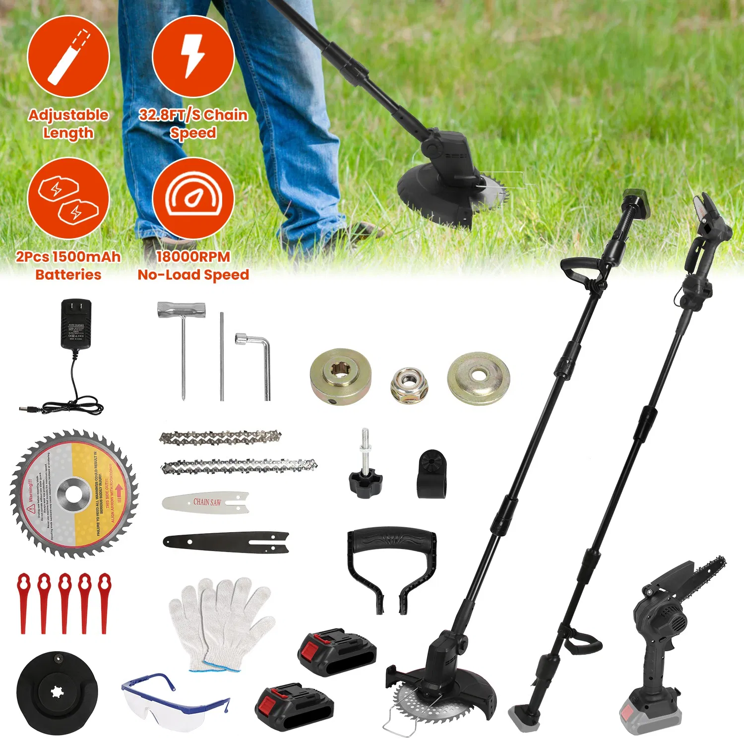 Cordless 3-in-1 Pole Saw/Mini Chainsaw/Grass Trimmer - 21V 1500mAh x2 Batteries, 4/6in Cutting Chain, 13in-75.2in Adjustable Length, Safety Switch + Gloves/Goggle for Yard Maintenance photo 1