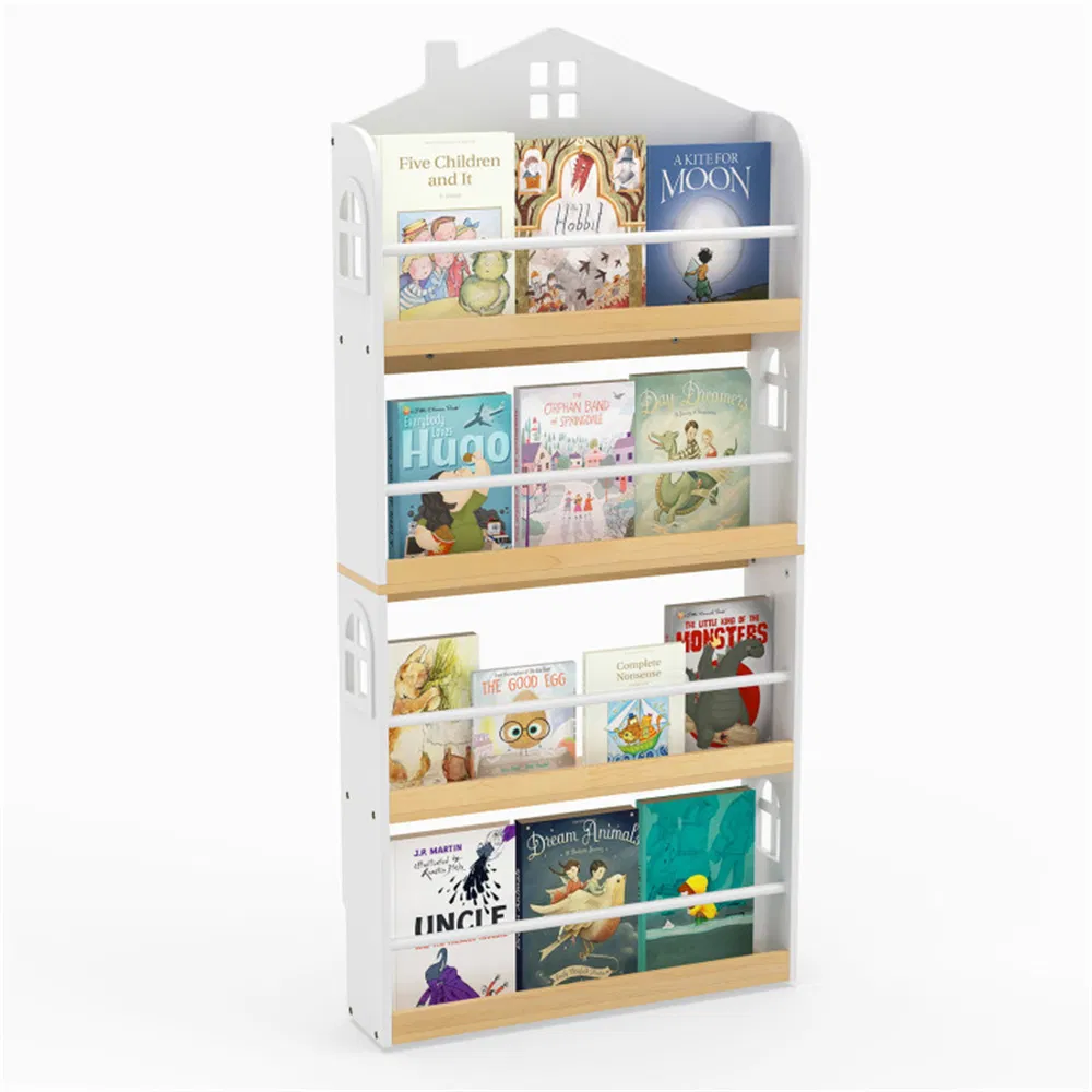 4-Tier House-Shaped Kids Bookshelf, 60.96×15.24×129.54 cm Front-Facing Book Rack with Anti-Toppling Kits for 3+ Years, White & Natural photo 2