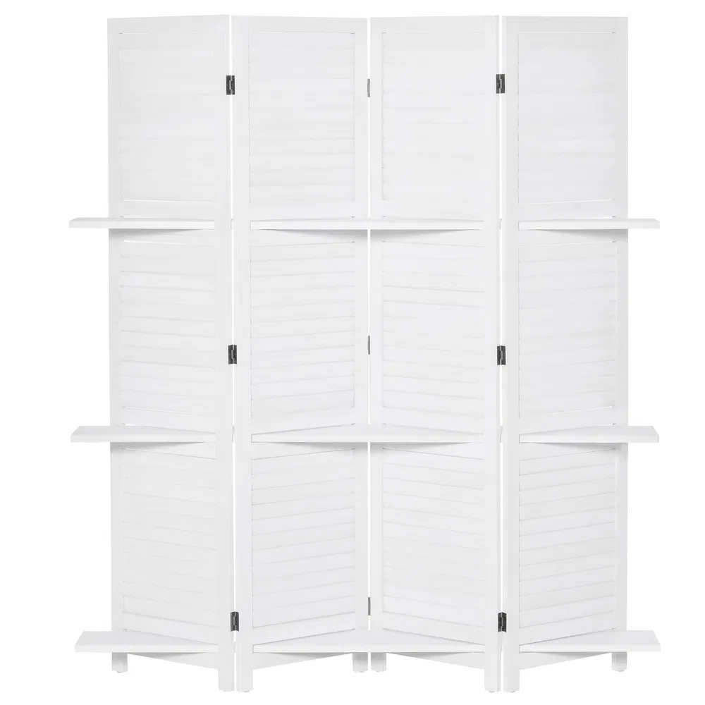 4-Panel Wall Partition Room Separator with 3 Storage Shelves Foldable Design Wooden Frame 5.6FT White photo 2