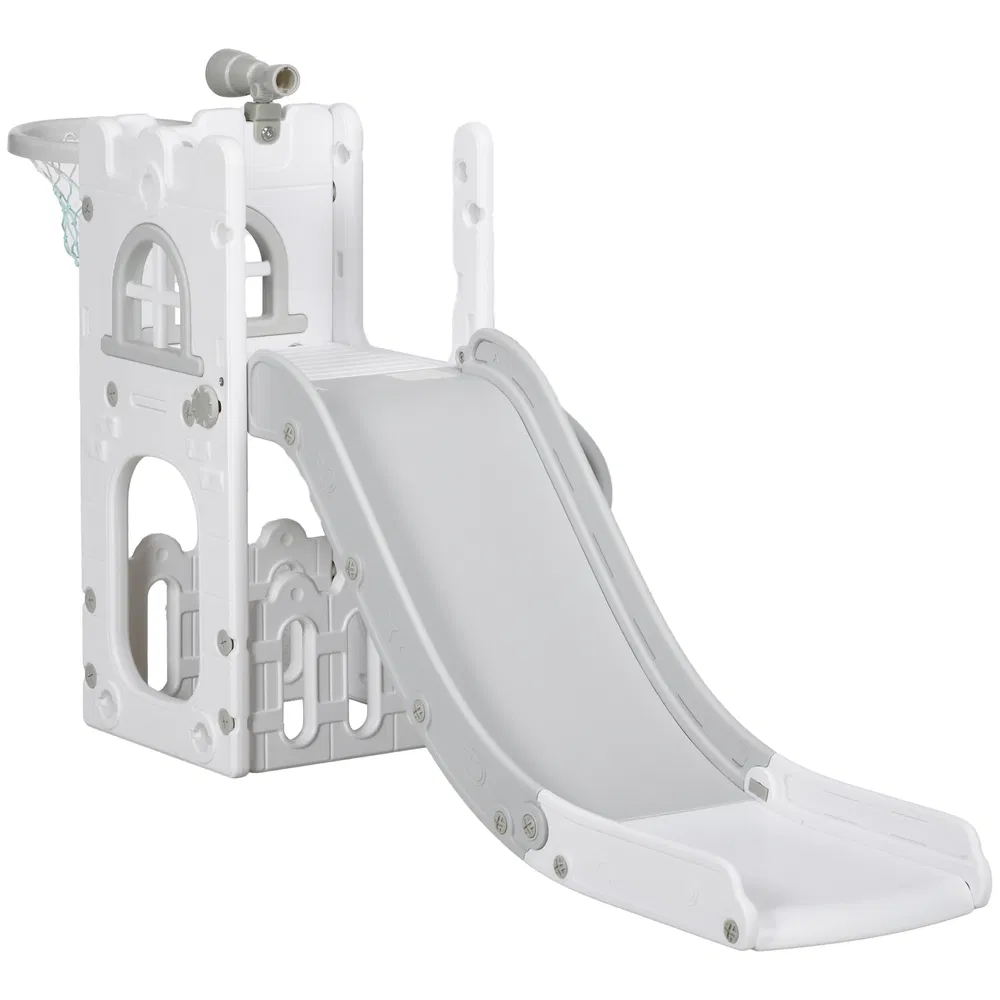 4 in 1 Toddler Slide with Basketball Hoop, Climber, Telescope, Storage Basket, for 1-3 Years Kids Indoor Use, Grey photo 2