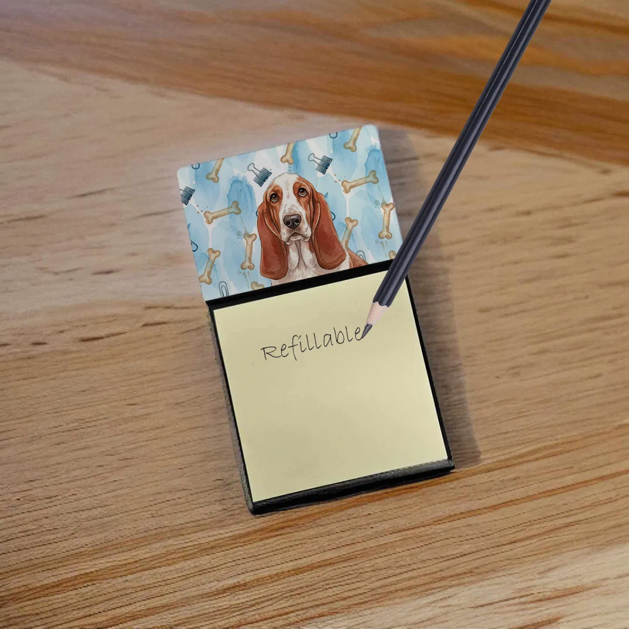 Red and White Basset Hound Coworker Watercolor Sticky Note Holder Refillable Dispenser Desk Accessory 3x3 Pad Gift photo 4