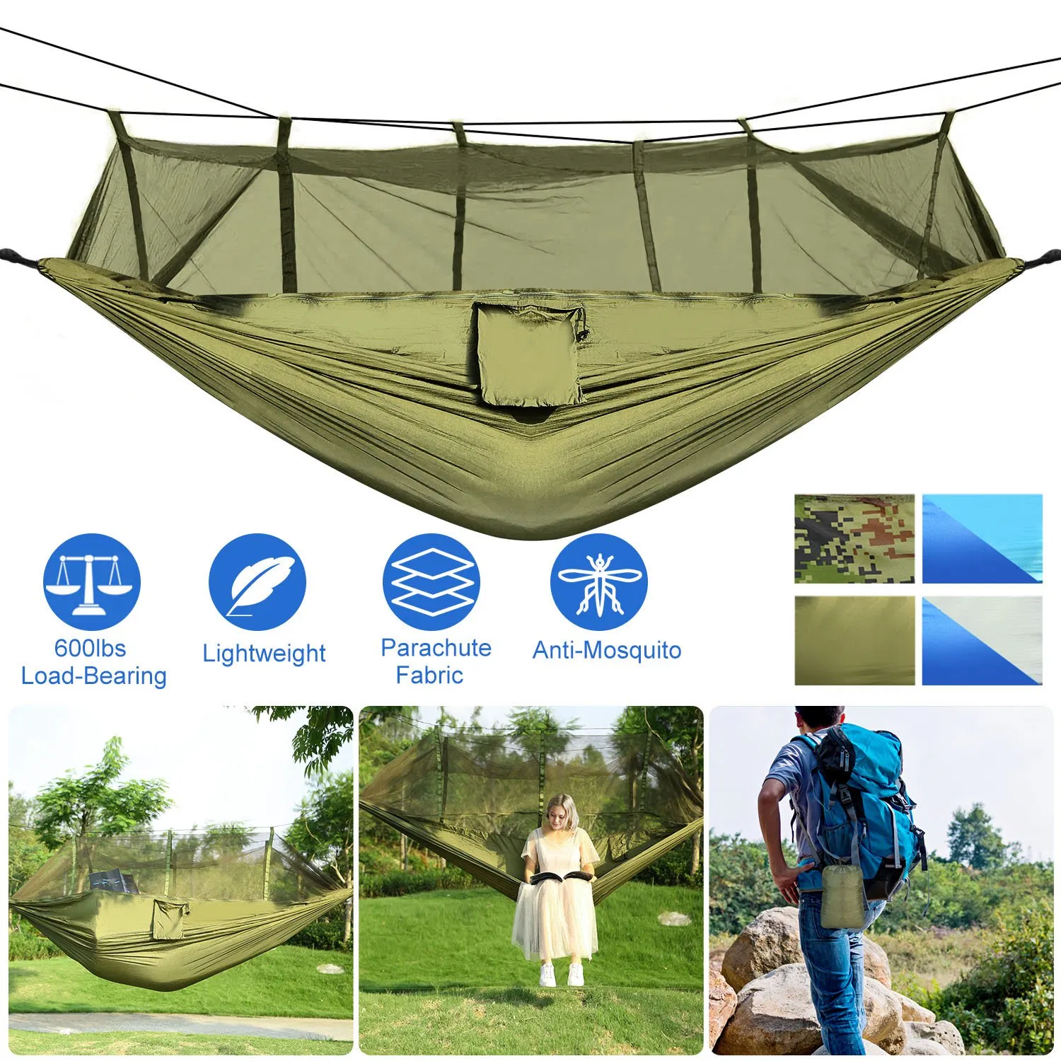600lbs Load 2 Persons Hammock w/Mosquito Net Outdoor Hiking Camping Hommock Portable Nylon Swing Hanging Bed w/ Strap Hook Carry Bag photo 1
