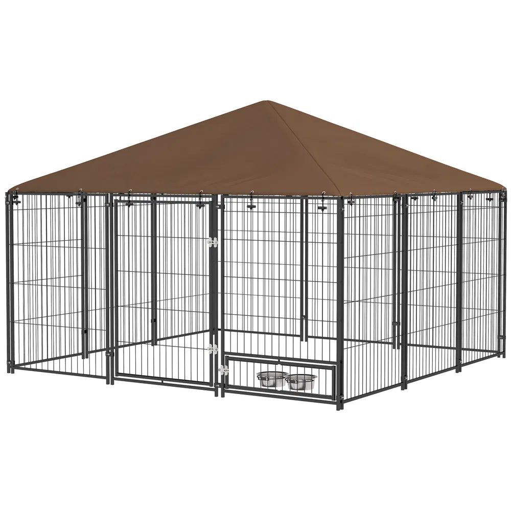 6.9' x 6.9' x 5' Outdoor Dog Kennel with Canopy, Rotating Bowls, Coffee photo 2