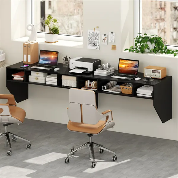 Black Wall-Mounted Floating Computer Desk with 3-Cube Storage, Sturdy Wooden Workstation for Home Office photo 7